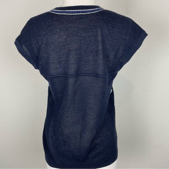 Tory Burch Navy Embroidered Short Sleeve V Neck Jory Knit Sweater Small - Picture 6 of 8